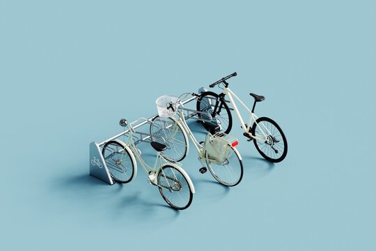 Various bicycles on a rack. 3d illustration.