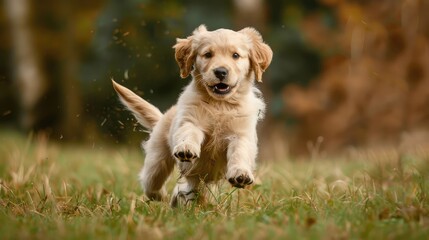 Joyful Golden Retriever Puppy in Mid-Run Across a Green Meadow Generative AI
