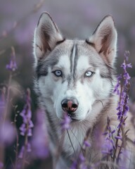 Obraz premium American Grey Husky Enthroned Among Spring Blooms - Serene Gaze Generative AI