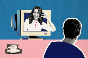 Composite photo collage of young girl smile peek monitor gesture ok zero hand colleague break...