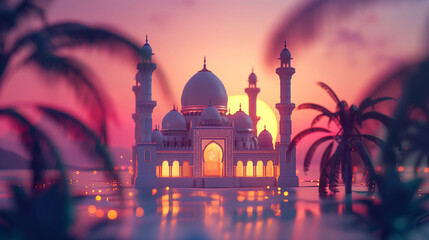 3d islamic mosque, in adorable toy sculptures style. Islamic background.