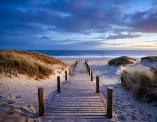 wooden path access in sand dune beach in ocean coast in blue hour