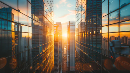 Sunrise over an urban cityscape reflecting on glass high-rise buildings.