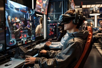 Fototapeta premium VR Trustworthiness Mixed Virtual Reality Goggles for Visualize. Augmented reality Glasses Cultural sensitivity training. Future Technology Bouldering Headset Gadget and Form factor Wearable Equipment
