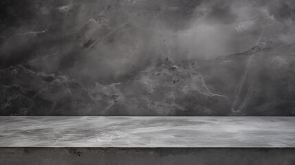 Empty grey marble tabletop with dark black cement stone background. Product displayed in rustic mood and tone