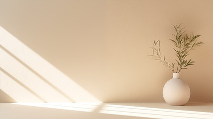 Gentle light beige background for product presentation with light andand intricate shadow from the window and vegetation on wall
