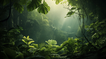 Nature leaves, green tropical forest, background. Jungle or forest pattern. Tropical background with green plants