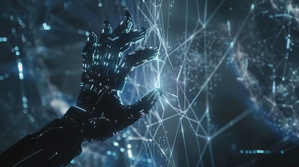 AI Machine learning Hands of robot and human touchin - obrazy, fototapety, plakaty