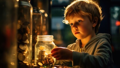 A young boy is staring intently at a glass jar filled with shiny coins. He seems curious and intrigued by the sight of the coins in the jar
