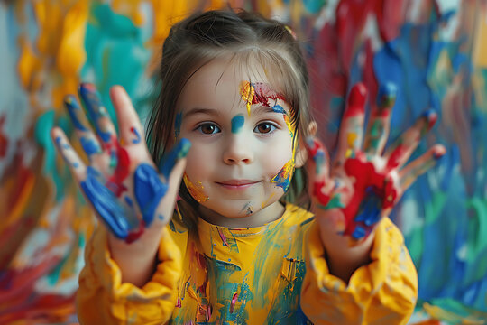 little kid paints her hand colorful and smiling, Portrait of a cute cheerful happy little girl or boy showing her hands painted in bright colors. A painting artist kid.Ai