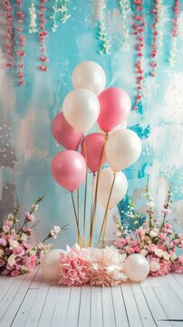 an elaborate and whimsical photographic backdrop designed specifically for enhancing the joy and uniqueness of a child's birthday celebration, capturing memories in the most vibrant way. Ai generated