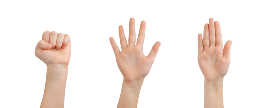 Child's isolated transparent hand. Expressing closed, spread, and stop gestures, encouraging communication and understanding through hand signals