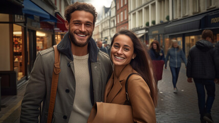 Fototapeta premium A happy and beautiful young couple with shopping bags in city
