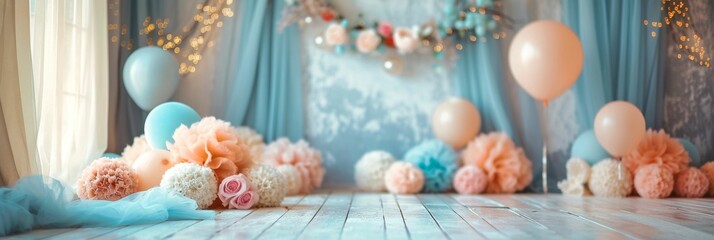 an elaborate and whimsical photographic backdrop designed specifically for enhancing the joy and uniqueness of a child's birthday celebration, capturing memories in the most vibrant way. Ai generated - obrazy, fototapety, plakaty
