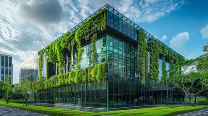 Modern green building featuring sustainable technology and renewable energy sources