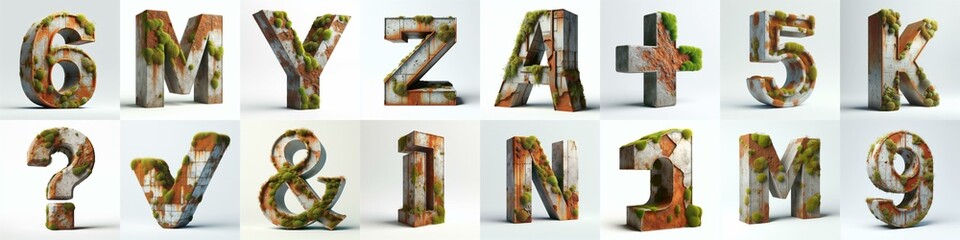 3D Lettering Typeface That Blends Rusty concrete With Moss. AI generated illustration