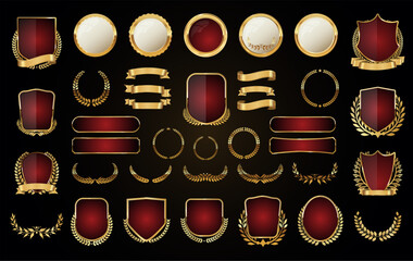 Gold and red shield badge and laurel wreath vector collection 