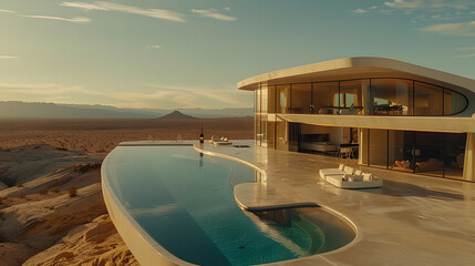 Medium shot photography, Summer Scenery at a futuristic house with pool, with a desert landscape stretching to the horizon as the background, during a scorching hot day