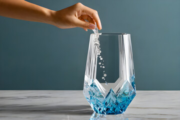 A woman's hand pours crystals into a transparent crystal glass with a blue bottom. Cleanliness concept