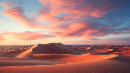 Desert under a vibrant sunset sky, capturing the serene and untouched beauty of the landscape