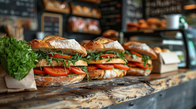 Gourmet sandwich shop realistic artisan breads and fillings casual chic
