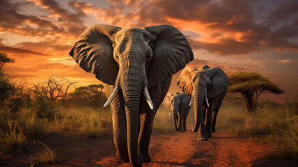 elephant in the savanna at sunrise - obrazy, fototapety, plakaty