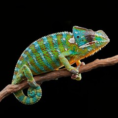 realistic multicolored chameleon with iridescent skin in speckles over black background