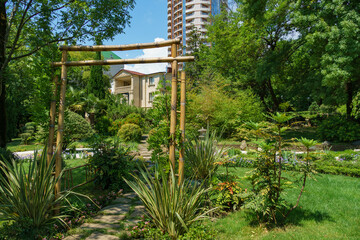 Landscape architecture with elements of Japanese style and unique Japanese plants in the Russian-Japanese Friendship Garden in Sochi. Public park on Kurortny Prospekt