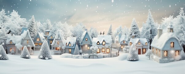 Christmas village with Snow in vintage style. Winter Village Landscape. Christmas Holidays