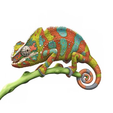 realistic multicolored chameleon with iridescent skin in speckles over white background