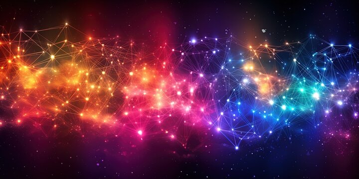 Spark like network grid. Network structure changing from moment to moment like an electric spark. Rainbow like colorful sparks or arcs forming a network