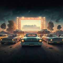 Fototapeta na wymiar Retro drive-in cinema with vintage cars
