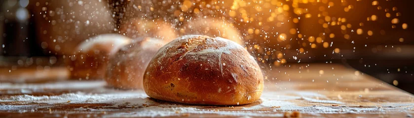Crédence de cuisine en verre imprimé Pain Artisanal bread baking realistic crust and flour dust warm kitchen ambiance