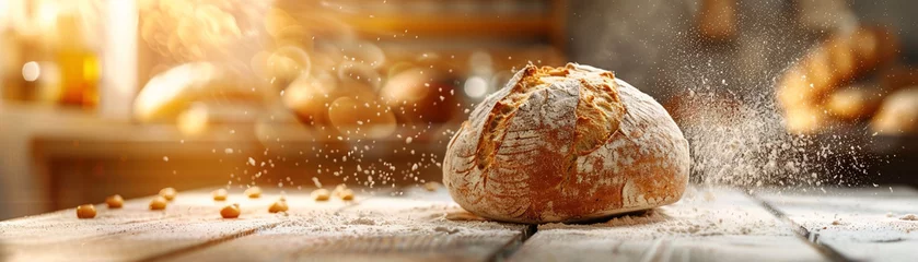Zelfklevend Fotobehang Artisanal bread baking realistic crust and flour dust warm kitchen ambiance © Thanapipat