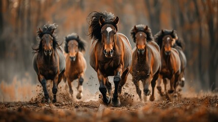 Wild horses running free in a field, spirit of freedom, dynamic movement