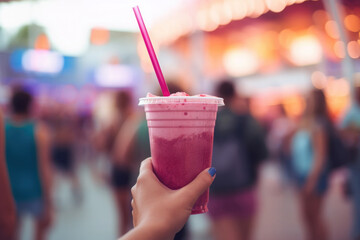 Hand holding vibrant fruit smoothie amidst the lively atmosphere of street festival, illuminated by twinkling lights