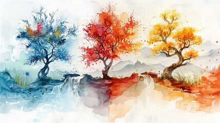 Watercolor seasons, abstract representation of spring, summer, fall, winter