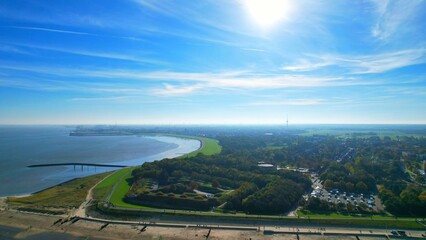 Cuxhaven - Germany - Aerial view of the dike with a view of the Grimmershörner Bay