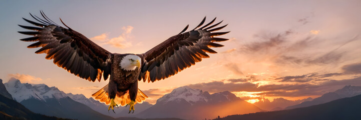 Eagle flying over the mountains at sunset