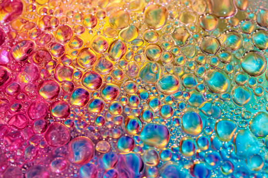 Close up view of water bubbles on a vibrant and colorful surface, showing the intricate patterns and textures created by the bubbles