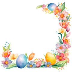 Fototapeta premium Watercolor square Easter border frame with flowers eggs element illustration for holiday festival season decoration