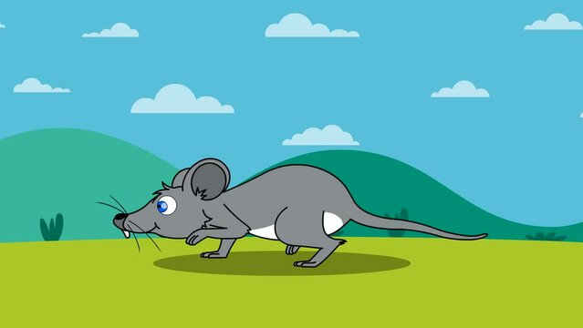 A mouse was walking across the hills. Cartoon animal animation with full color