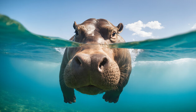 Hippo underwater look at the camera.