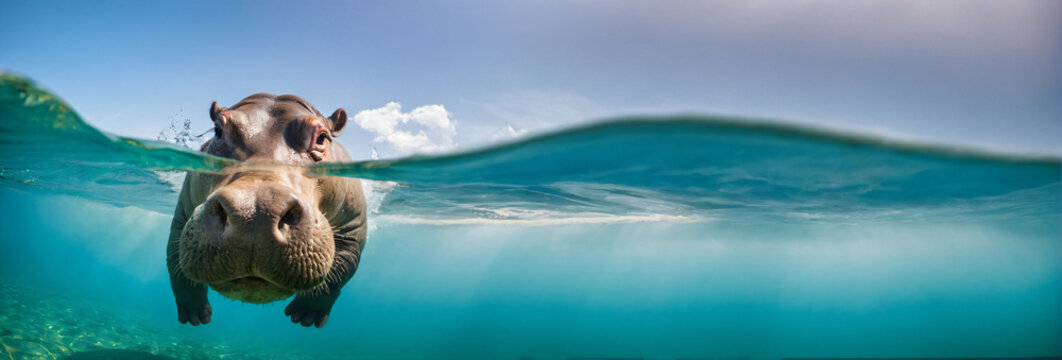 Hippo underwater look at the camera. Wide horizontal with space for text the right side.