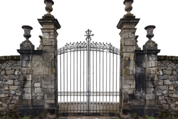 Medieval-style stone gate with robust iron reinforcements on doors with intricate stonework isolated on white background