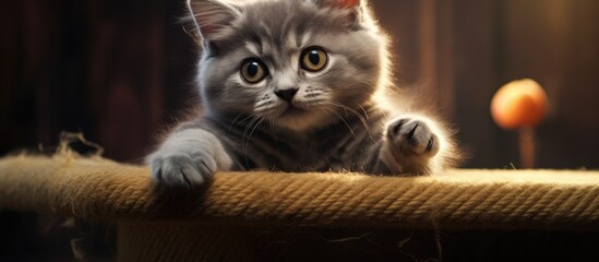 A small gray kitten is perched atop a scratching post. The kitten appears to be playful and curious, exploring its surroundings with a hint of mischief in its eyes.