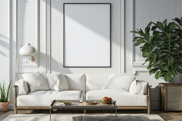 A living room featuring a white couch and a coffee table as the main furniture pieces