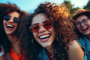 A group of women standing together, all wearing sunglasses and smiling happily at the camera - obrazy, fototapety, plakaty