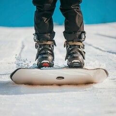 Snowboarder's feet strapped on board snow trail