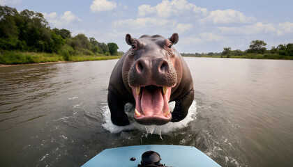 Aggressive hippopotamus in the river chasing a boat